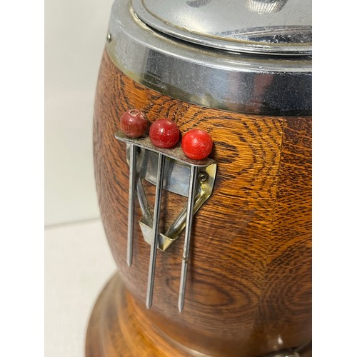 380 - Vintage novelty beverage dispenser designed to look like wooden barrel.