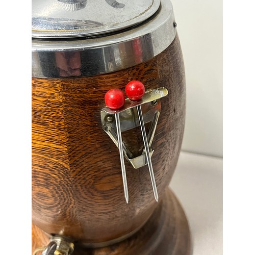 380 - Vintage novelty beverage dispenser designed to look like wooden barrel.