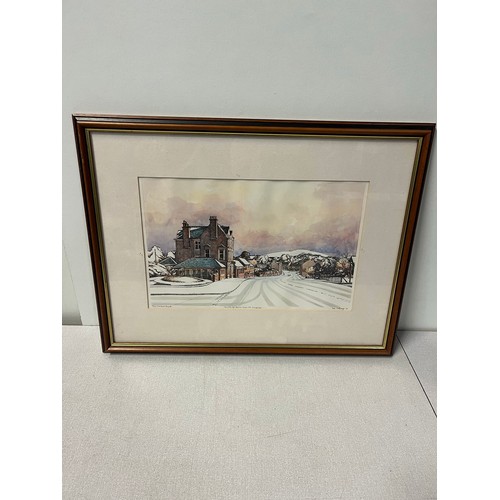 384 - Framed hand coloured lithograph 9/125 of Bonnybridge high street by Bob Montgomery 1998, 22x17.5
