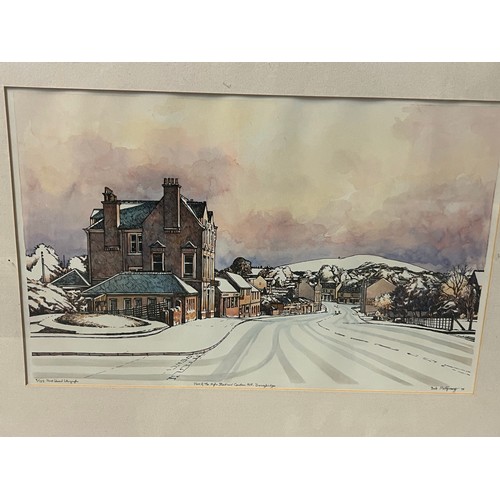 384 - Framed hand coloured lithograph 9/125 of Bonnybridge high street by Bob Montgomery 1998, 22x17.5