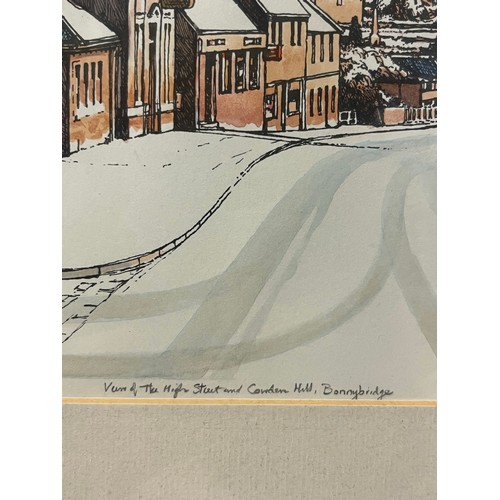 384 - Framed hand coloured lithograph 9/125 of Bonnybridge high street by Bob Montgomery 1998, 22x17.5