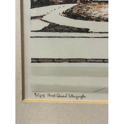 384 - Framed hand coloured lithograph 9/125 of Bonnybridge high street by Bob Montgomery 1998, 22x17.5