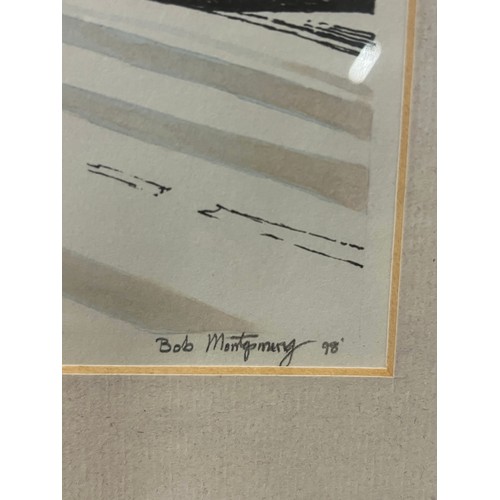 384 - Framed hand coloured lithograph 9/125 of Bonnybridge high street by Bob Montgomery 1998, 22x17.5