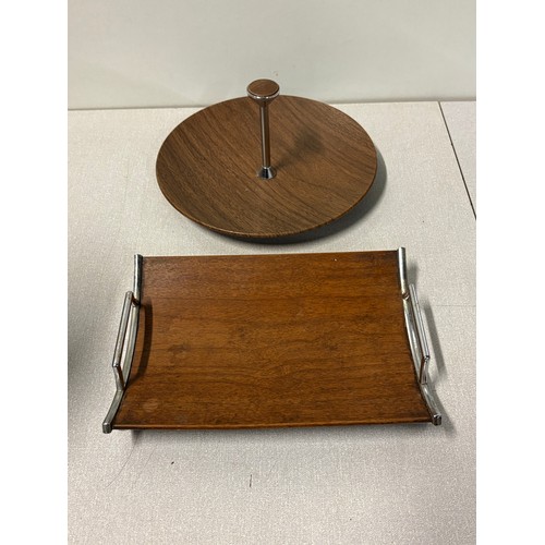 225B - Mid century modern lanthe wooden serving tray and cake stand set with chrome handles.