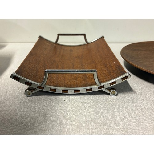 225B - Mid century modern lanthe wooden serving tray and cake stand set with chrome handles.