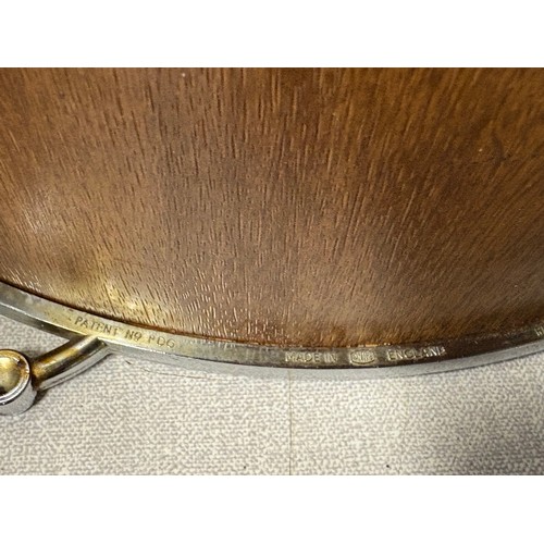 225B - Mid century modern lanthe wooden serving tray and cake stand set with chrome handles.