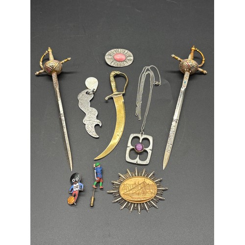 88 - Antique trade union badge , 3 letter openers , golden shred badge, along with pewter badges & pendan... 