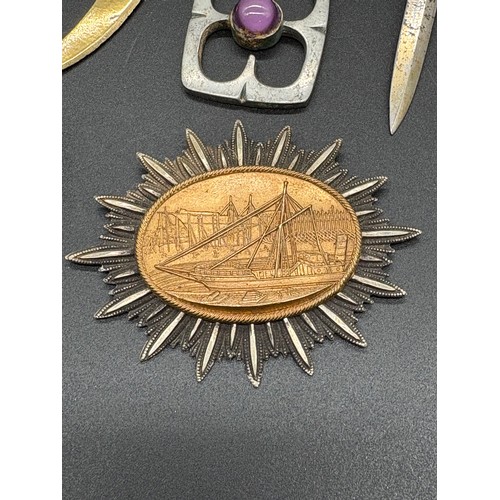 88 - Antique trade union badge , 3 letter openers , golden shred badge, along with pewter badges & pendan... 