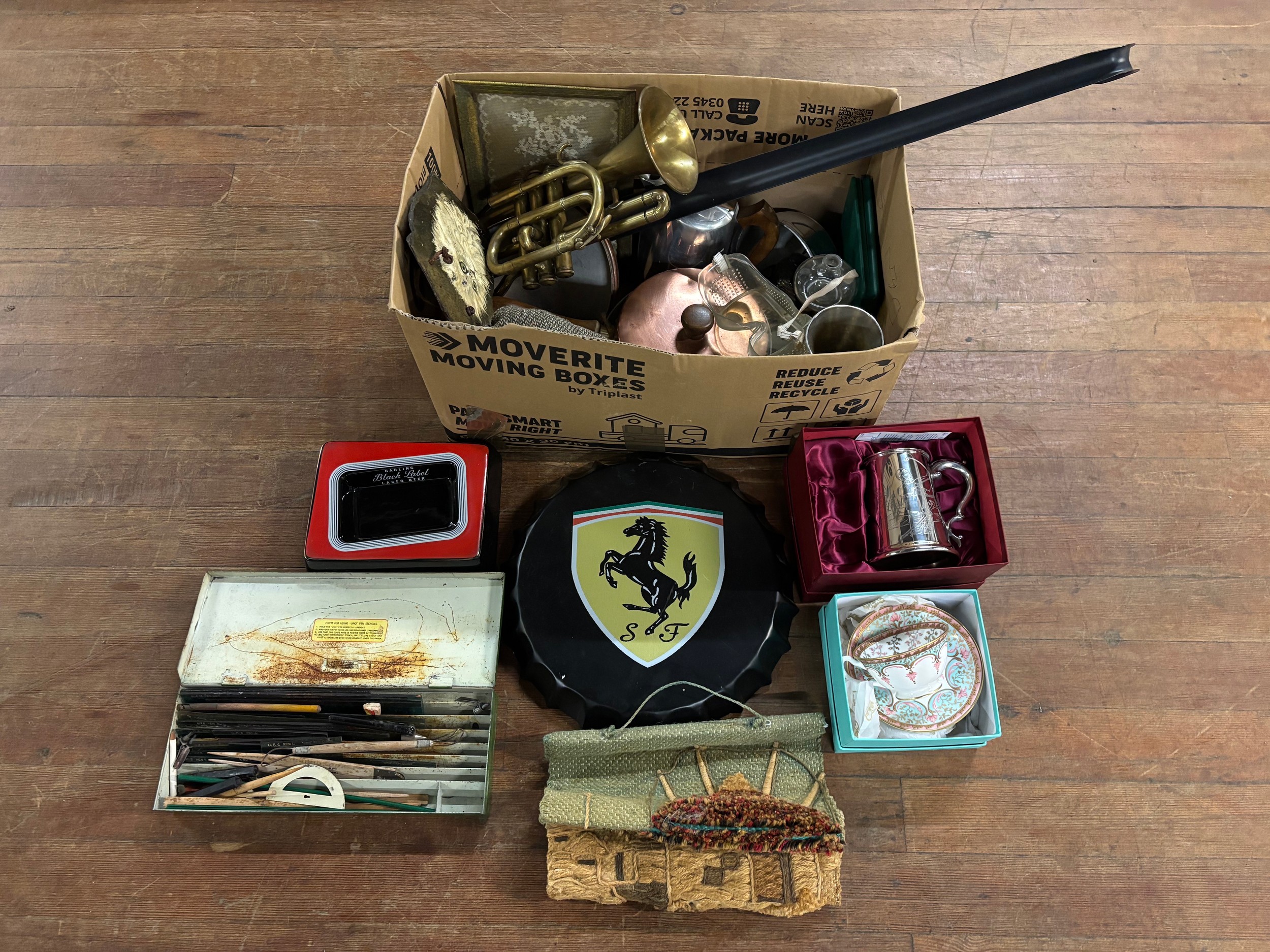 Large selection of assorted items to include Ferrari bottle cap, plated ...