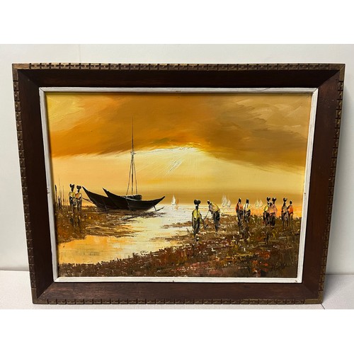 68 - Original framed signed oil on canvas of nautical scene at sunset, 28x22