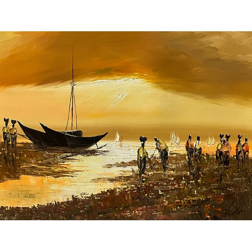 68 - Original framed signed oil on canvas of nautical scene at sunset, 28x22