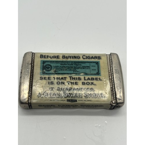 69 - Vintage white metal celluloid wrap vesta case for cigar makers union, 2.75