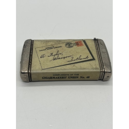 69 - Vintage white metal celluloid wrap vesta case for cigar makers union, 2.75