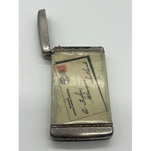 69 - Vintage white metal celluloid wrap vesta case for cigar makers union, 2.75