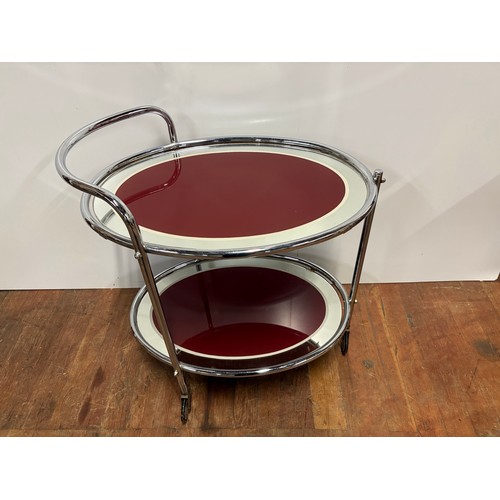 90 - Mid century chrome and glass 2 tier drinks trolly (removable glass trays)