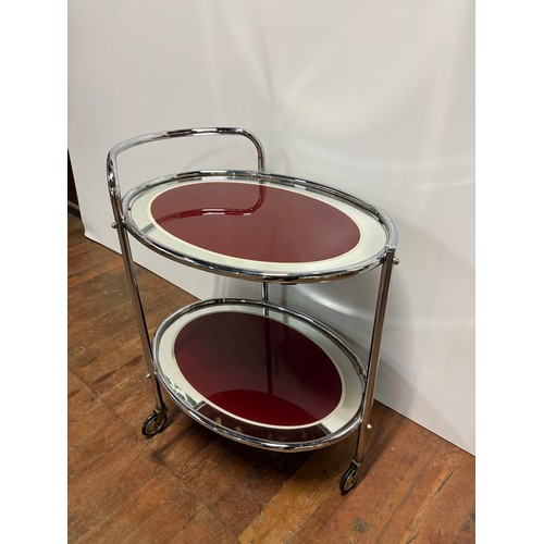 90 - Mid century chrome and glass 2 tier drinks trolly (removable glass trays)