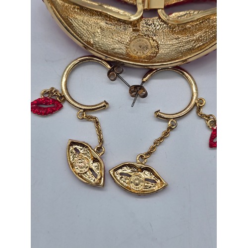 84 - Vintage Butler & Wilson ruby red lip rhinestone bangle & earrings set.