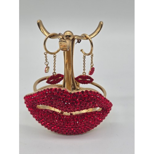 84 - Vintage Butler & Wilson ruby red lip rhinestone bangle & earrings set.