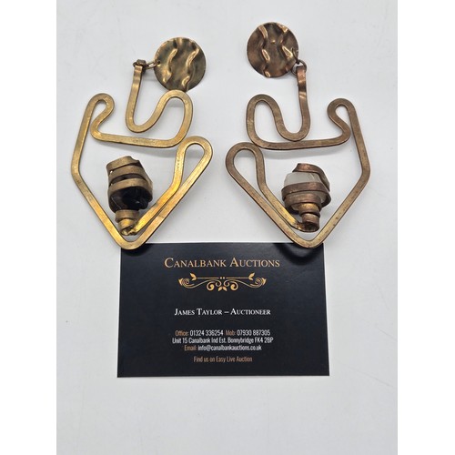 85 - Vintage large hammered brass/bronze statement earrings with semi precious stones.