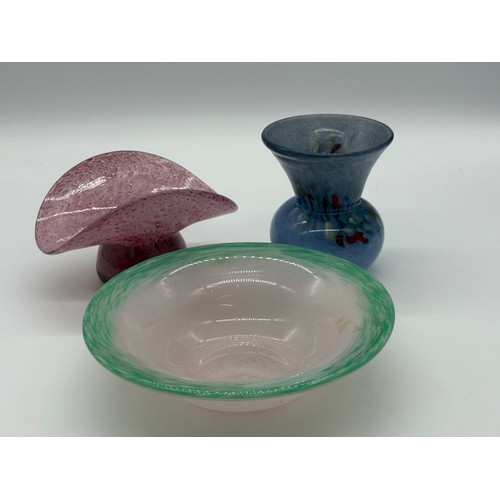 105 - 3 pieces of vintage glass to include vasart etc .