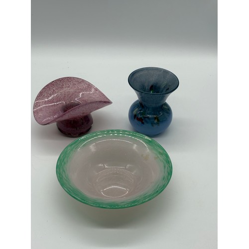 105 - 3 pieces of vintage glass to include vasart etc .