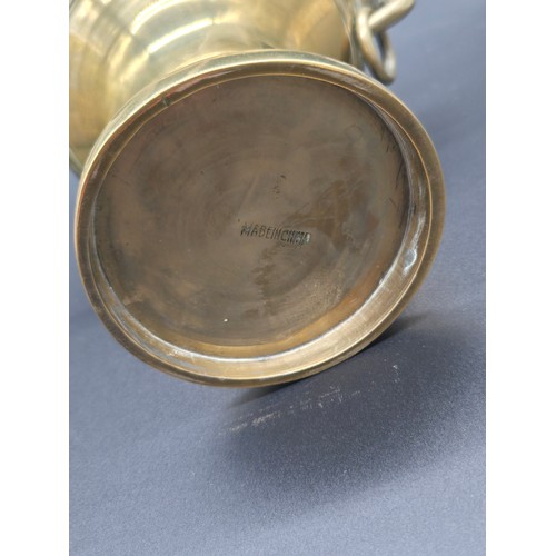 73 - Vintage Chinese solid brass vase with taotie handles. weight 1.38kg, 7.5