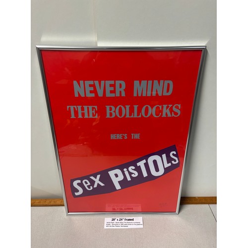 97 - Framed Jamie Reid never mid the bollocks numbered poster. Re-works in1992 were done on his graphics ... 