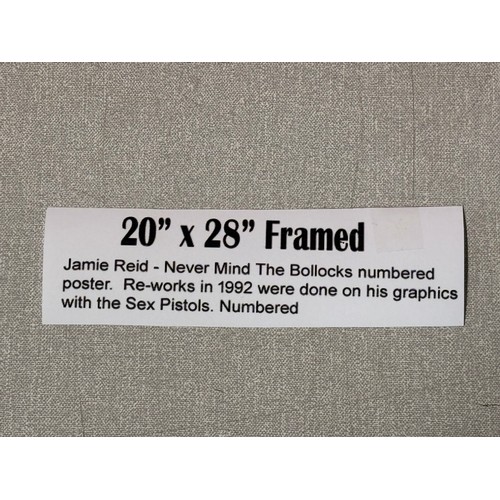 97 - Framed Jamie Reid never mid the bollocks numbered poster. Re-works in1992 were done on his graphics ... 