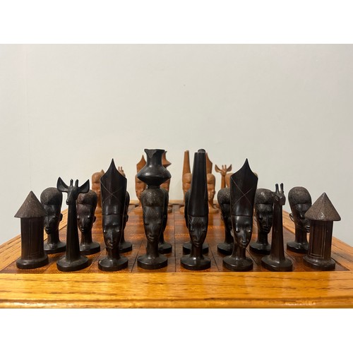 60 - Vintage hand crafted Makonde wooden chess set likely originating from Mozambique or Tanzania and tab... 