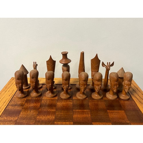60 - Vintage hand crafted Makonde wooden chess set likely originating from Mozambique or Tanzania and tab... 
