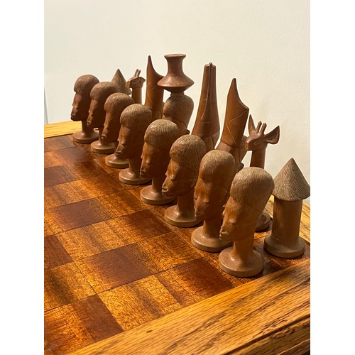 60 - Vintage hand crafted Makonde wooden chess set likely originating from Mozambique or Tanzania and tab... 