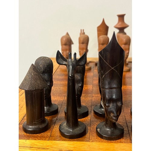 60 - Vintage hand crafted Makonde wooden chess set likely originating from Mozambique or Tanzania and tab... 