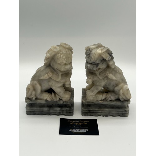 61 - Pair of Mid Century Chinese hand carved soapstone foo dogs/guardian lion statues. 7