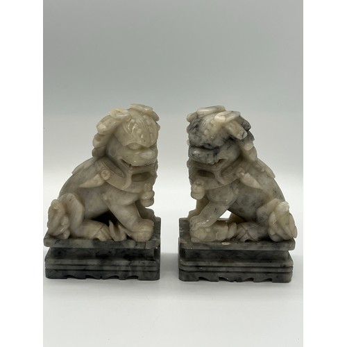 61 - Pair of Mid Century Chinese hand carved soapstone foo dogs/guardian lion statues. 7