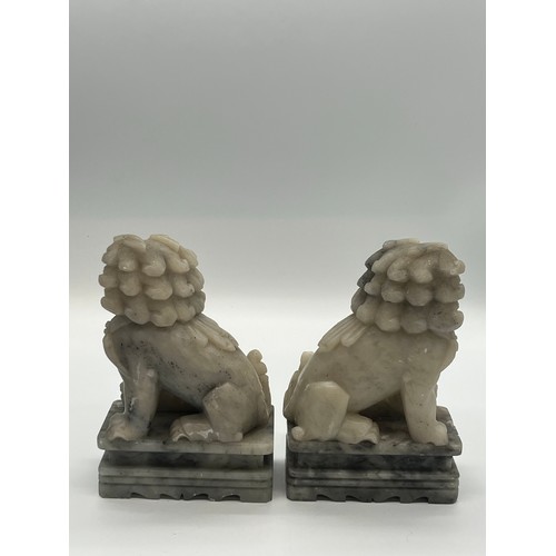61 - Pair of Mid Century Chinese hand carved soapstone foo dogs/guardian lion statues. 7