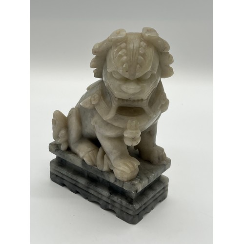 61 - Pair of Mid Century Chinese hand carved soapstone foo dogs/guardian lion statues. 7