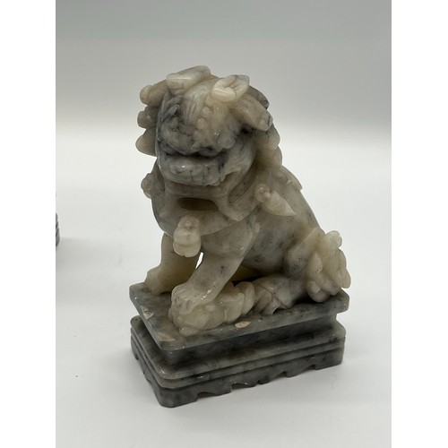 61 - Pair of Mid Century Chinese hand carved soapstone foo dogs/guardian lion statues. 7