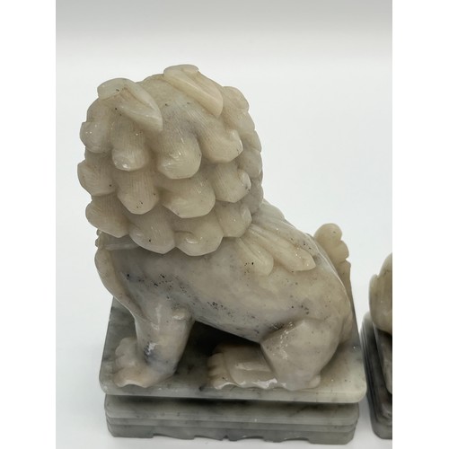 61 - Pair of Mid Century Chinese hand carved soapstone foo dogs/guardian lion statues. 7