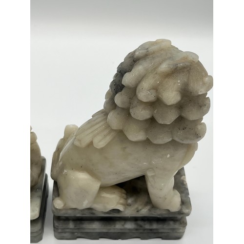 61 - Pair of Mid Century Chinese hand carved soapstone foo dogs/guardian lion statues. 7