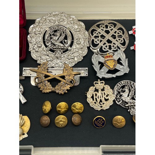 62 - Collection of military related items along with large clan and Celtic badges pins etc.