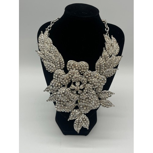 137 - Large pave rhinestone rose and leaf statement necklace along with small box of costume jewellery.