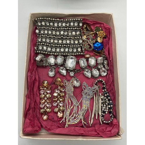 137 - Large pave rhinestone rose and leaf statement necklace along with small box of costume jewellery.