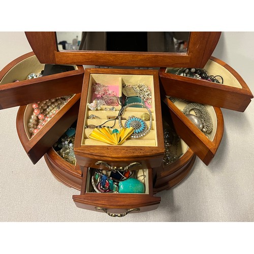 138 - Mele designs burlwood oak finish multi drawer jewellery box along with qty of costume jewellery and ... 