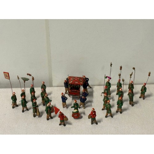 79 - A collection of 30 antique miniature Chinese clay & wire figures of a wedding procession