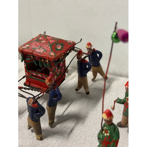 79 - A collection of 30 antique miniature Chinese clay & wire figures of a wedding procession
