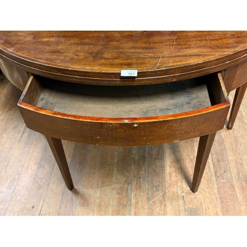 161 - Victorian inlaid mahogany Demi Lune Sheraton style table with single drawer.