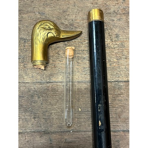 130D - 2 x vintage walking sticks one with brass duck head with hidden flask and one with brass mermaid han... 