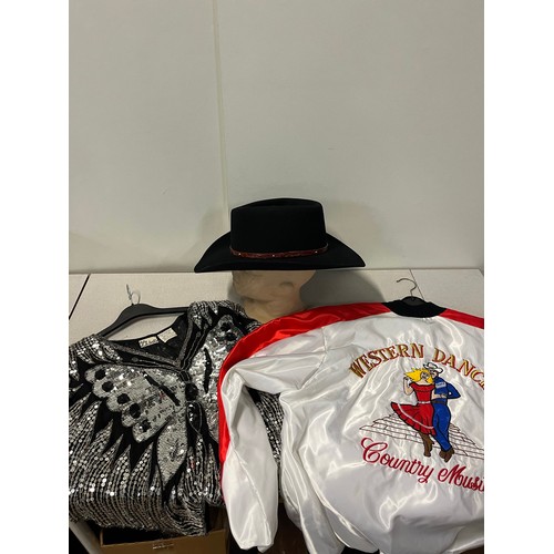 456 - Silver Spur 100% wool felt cowboy hat, Western Dancing country music jacket and silk and sequin butt... 