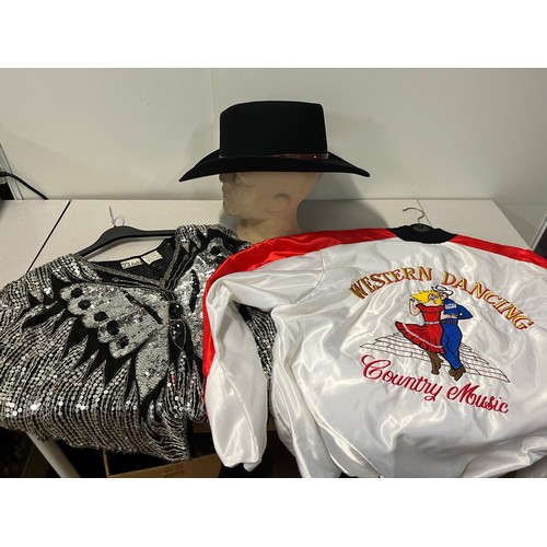 456 - Silver Spur 100% wool felt cowboy hat, Western Dancing country music jacket and silk and sequin butt... 