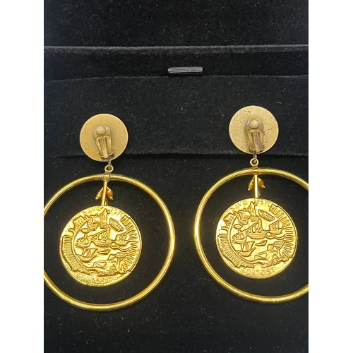 12 - Vintage Dolce & Gabbana gold tone Roman inspired coin drop hoop earrings in original box with certif... 